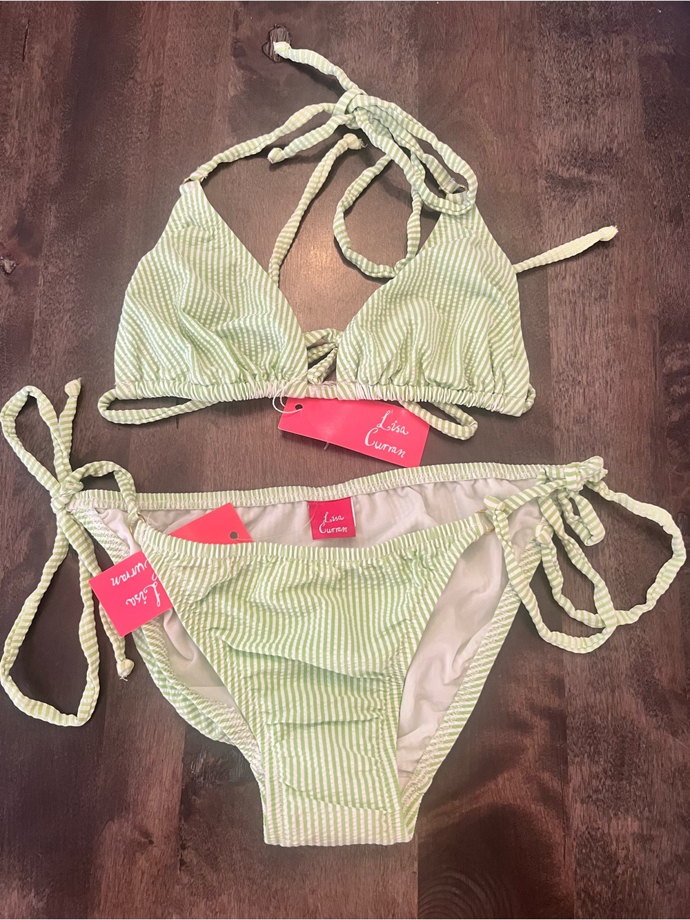 NWTLisa Curran Swim light Green & White Seersucker Stripe Tie-Side Bikini SZ S/M